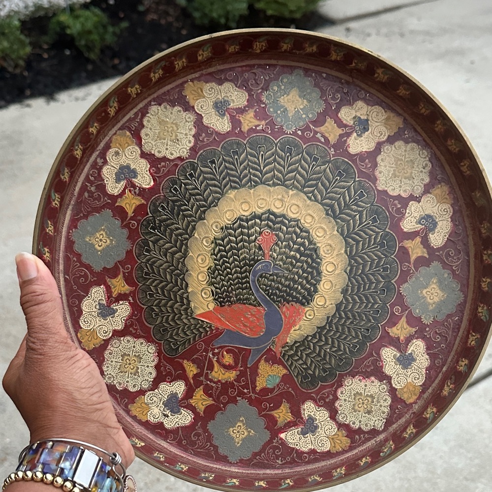 Cloisonné Brass Peacock Decorative Tray with Intricate Design